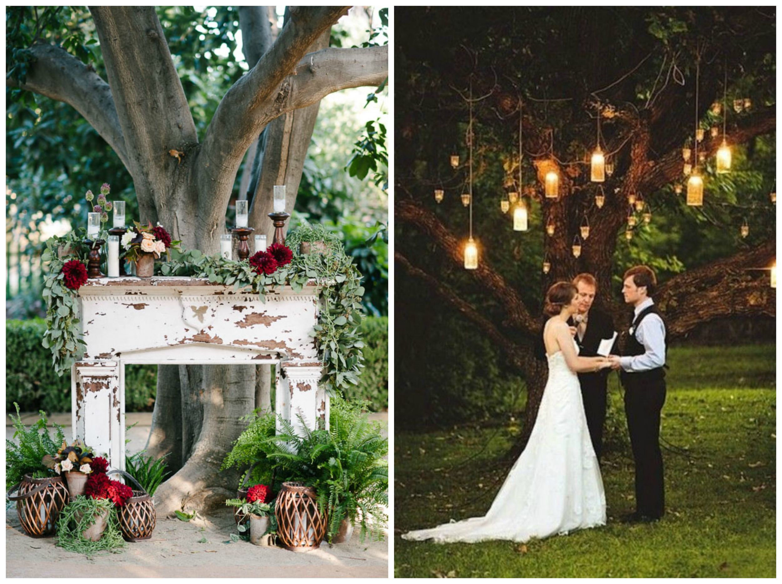 Green Wedding Shoes ; WeddingBells . Both a rustic fireplace and simple hanging jars with candles are perfect backdrops for a fall ceremony. 