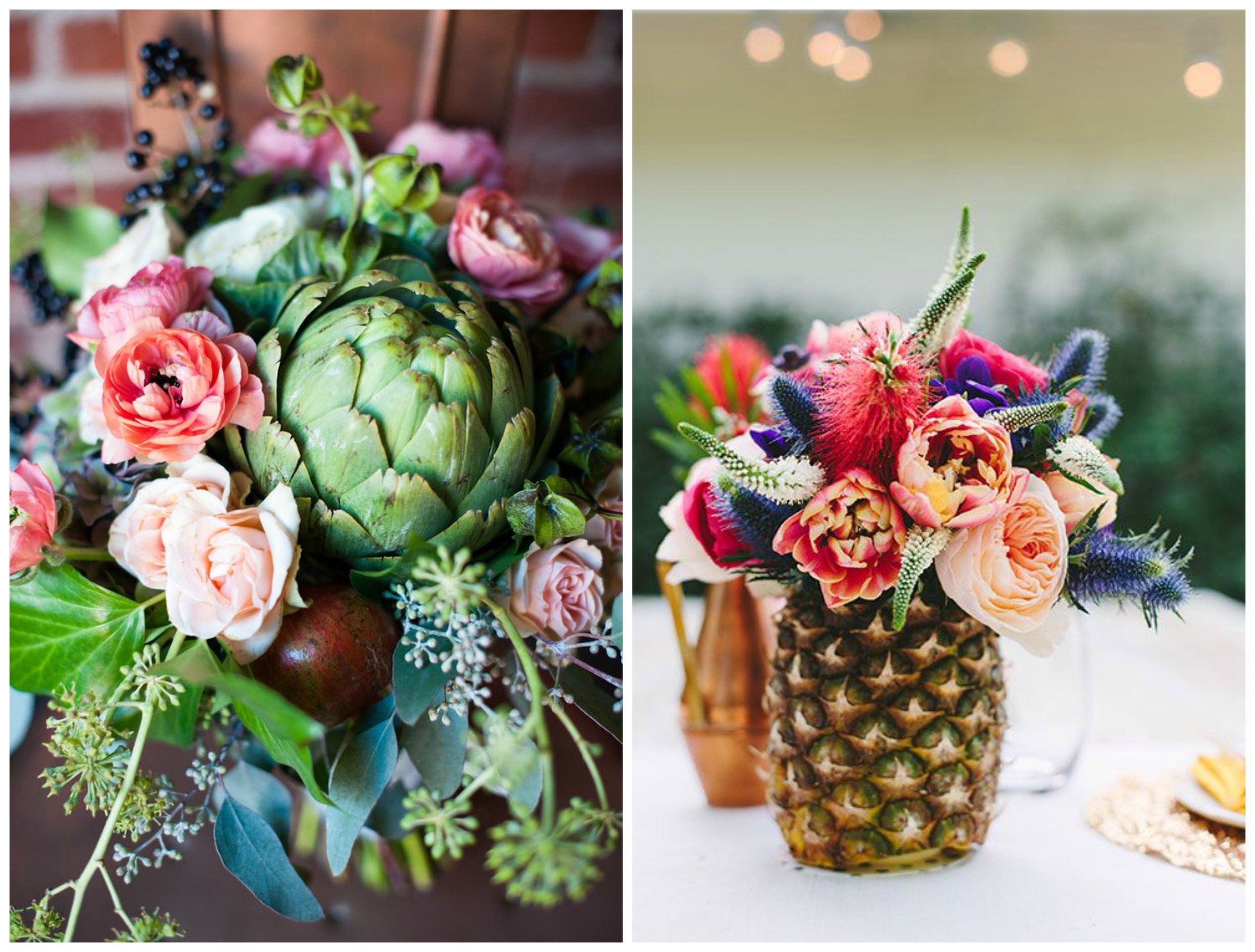 Style Me Pretty ; Brides . Is that an artichoke?! Yup. It's sort of like a big, beautiful succulent. And why not use a pineapple as a "vase" for floral arrangements at your reception?