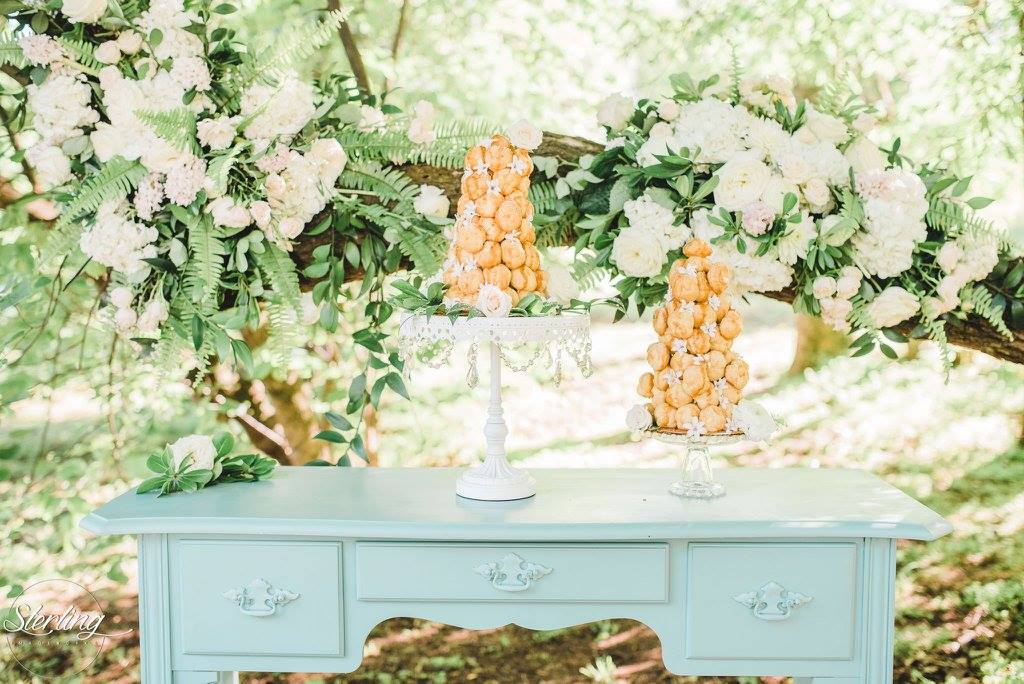 Sterling Imageworks , from our Breakfast at Tiffany's styled shoot. One of my favorite details of 2016. The flowers on the tree + the croquembouche are SLAYING me!!!