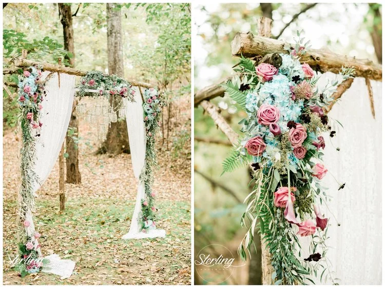 Sterling Imageworks Pam + Scott 's elopement was full of purple and turquoise, with a "country bling" theme, as Pam described it. Many of their details were a little bit boho, like this altar with the prettiest turquoise and purple flowers. The mason jar chandelier on their altar was amazing, as was their cake table and the rest of their ceremony decor. Elopements at The Barn sure are sweet! 