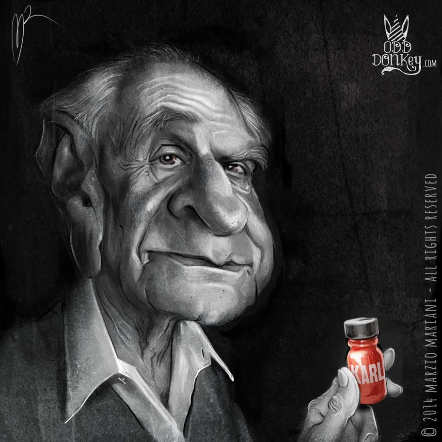 Karl Popper caricature by Marzio Mariani (All Rights Reserved)