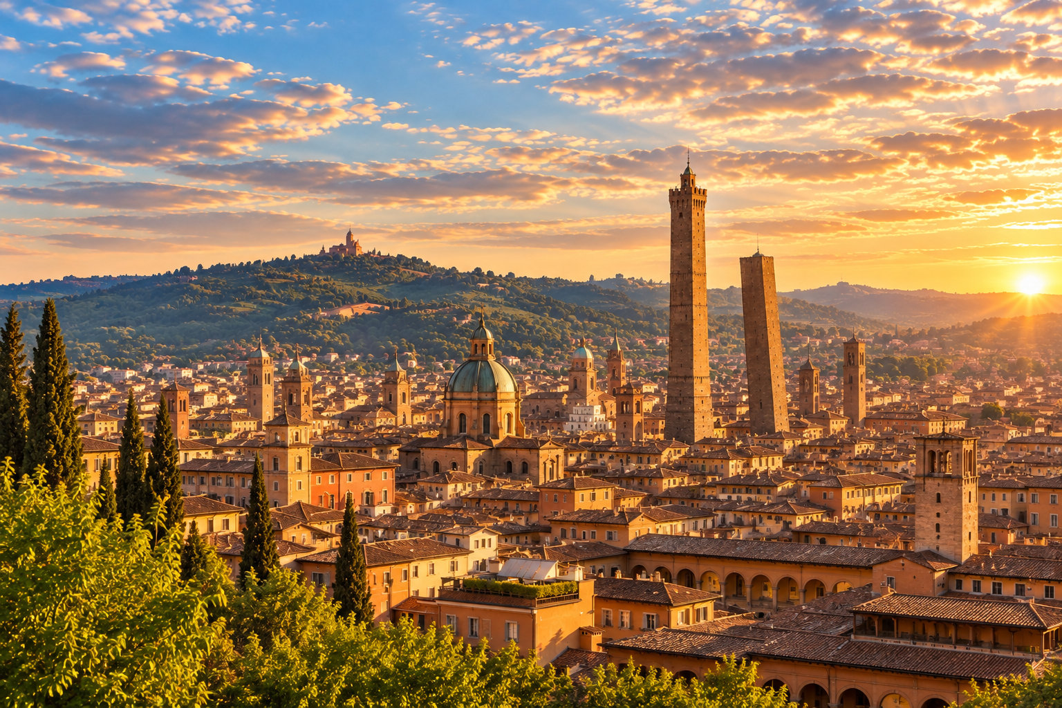 Bologna al tramonto tra torri e colline.png
