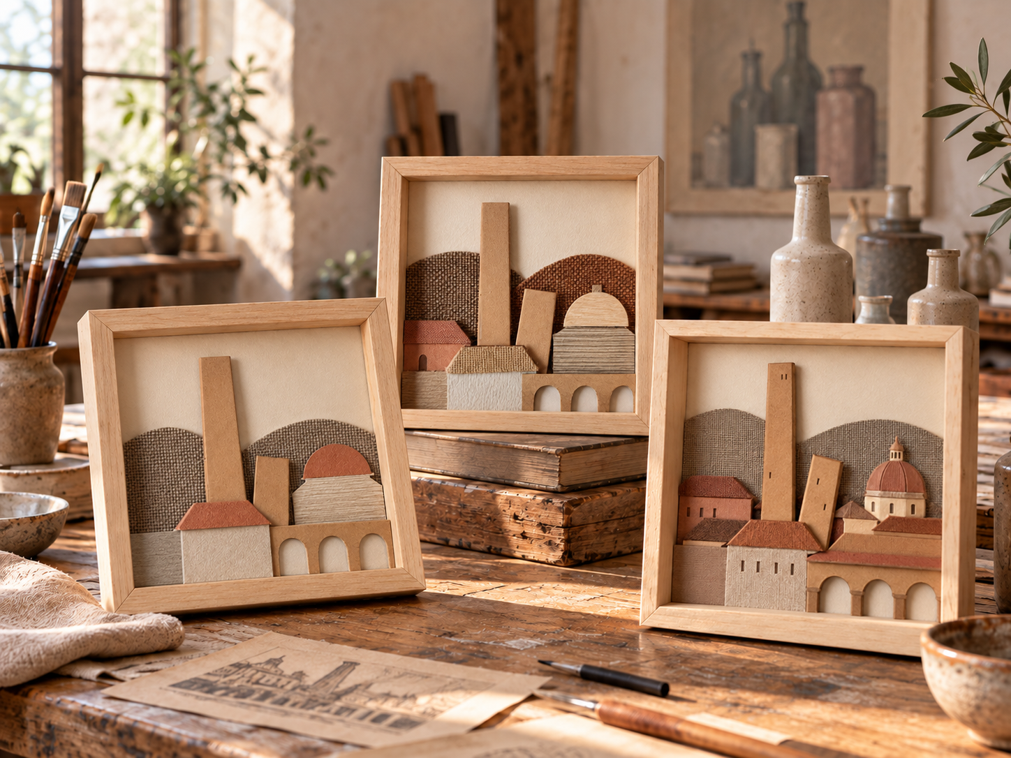 Laboratorio rustico con paesaggi urbani artigianali.png