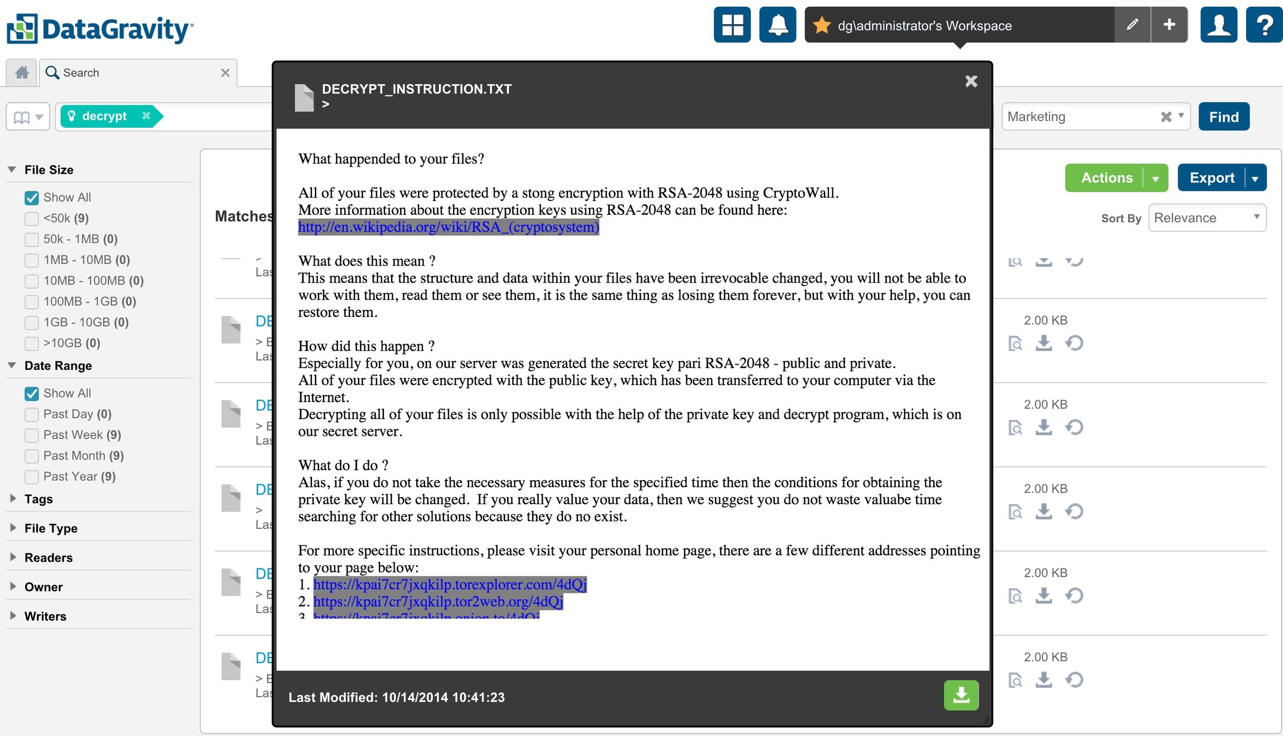 Preview the Ransom instructions placed on the share by malware