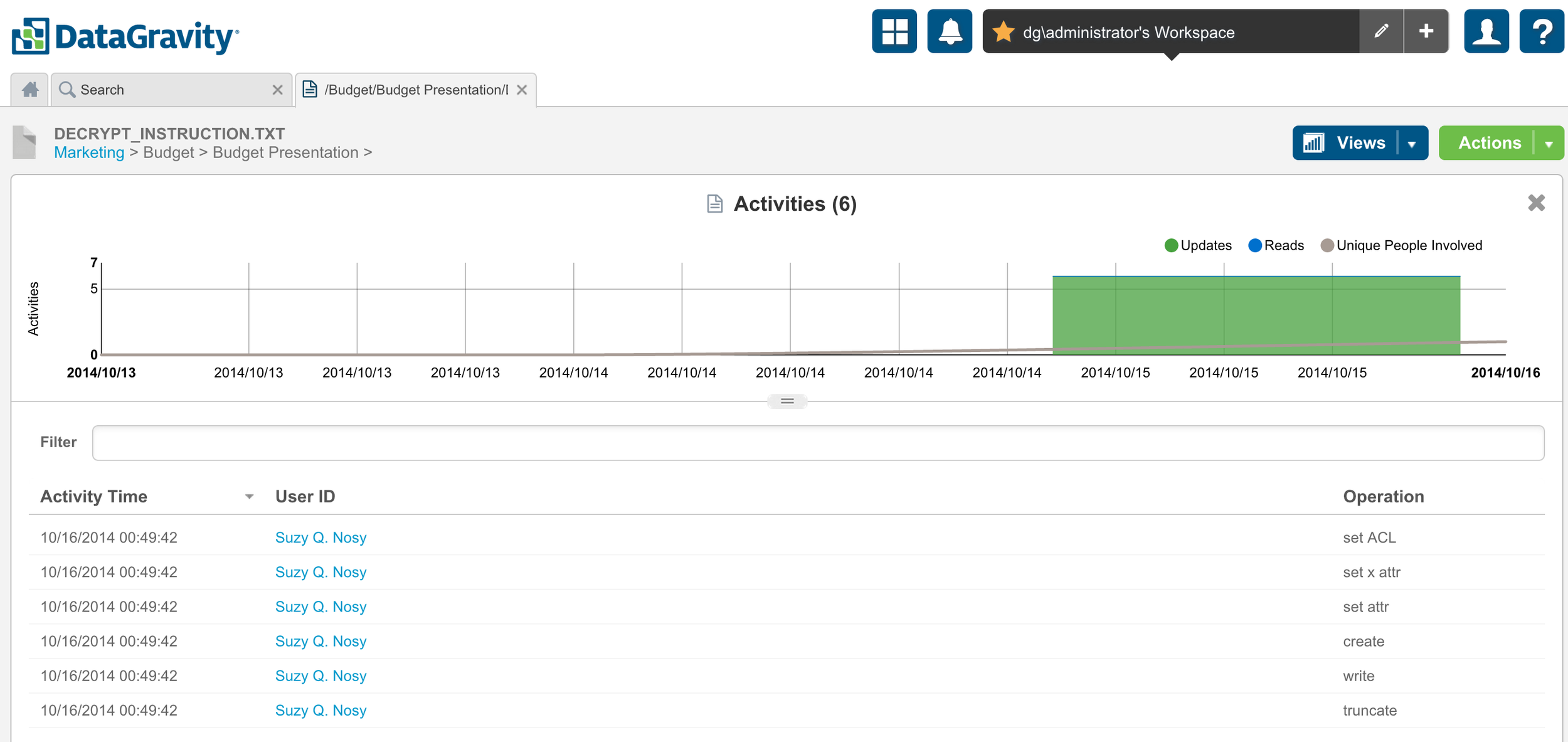 Activity timeline of the file, showing the user who was infected, the time of infection, and the directory of infected files.