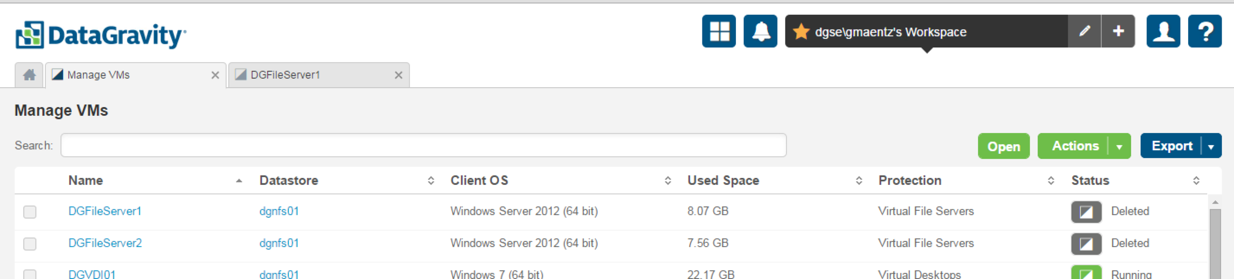 DataGravity showing VMs remove inventory with a Status of ‘Deleted’