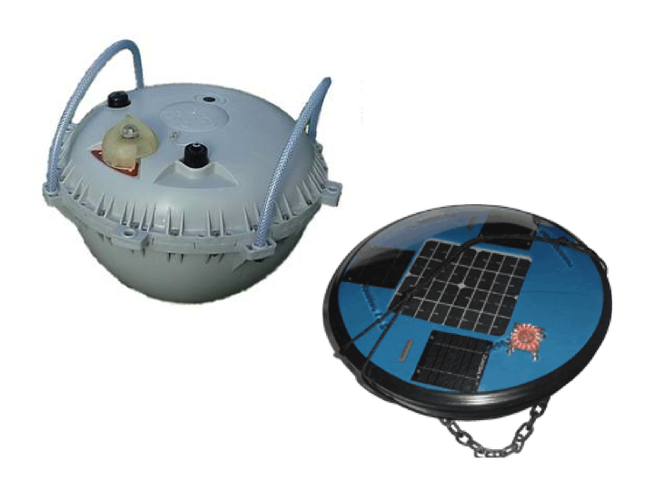 New generation, low-profile GPS (upper left) and solar-power sonar (lower right) buoys (Photo: SPC)