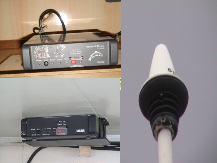 The VMS has two components onboard: the transceiver box (two examples on right) and the antenna (left). (Photo: SPC)