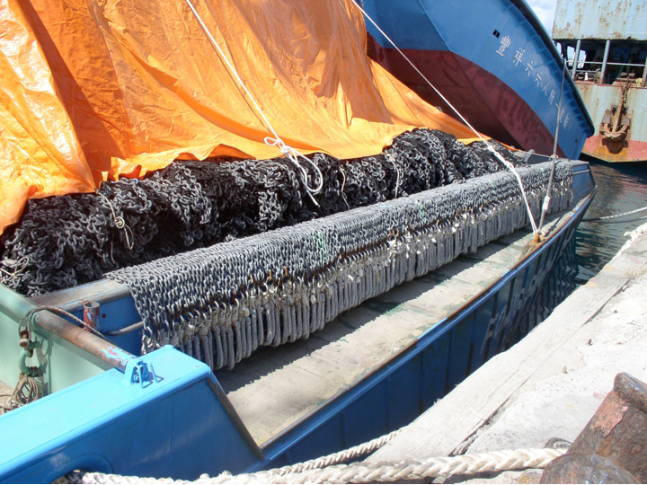 Here, the main net is covered under the orange tarp, with the bottom of the net (with the associated chains and purse rings/sinkers) visible. The skiff can be seen in the upper right section of the photograph. (Photo: SPC)