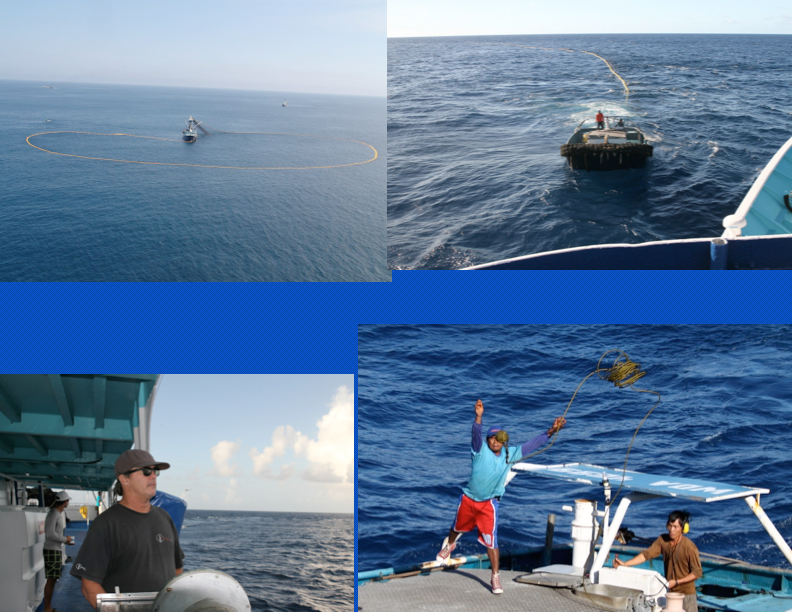 Various stages of net setting: surrounding the school, skiff meeting the purse seine vessel with end of net, navigator driving purse seine vessel during set from port station, and exchanging cables and tow ropes between skiff and purse seine vessel (Photo: Jeff Muir)