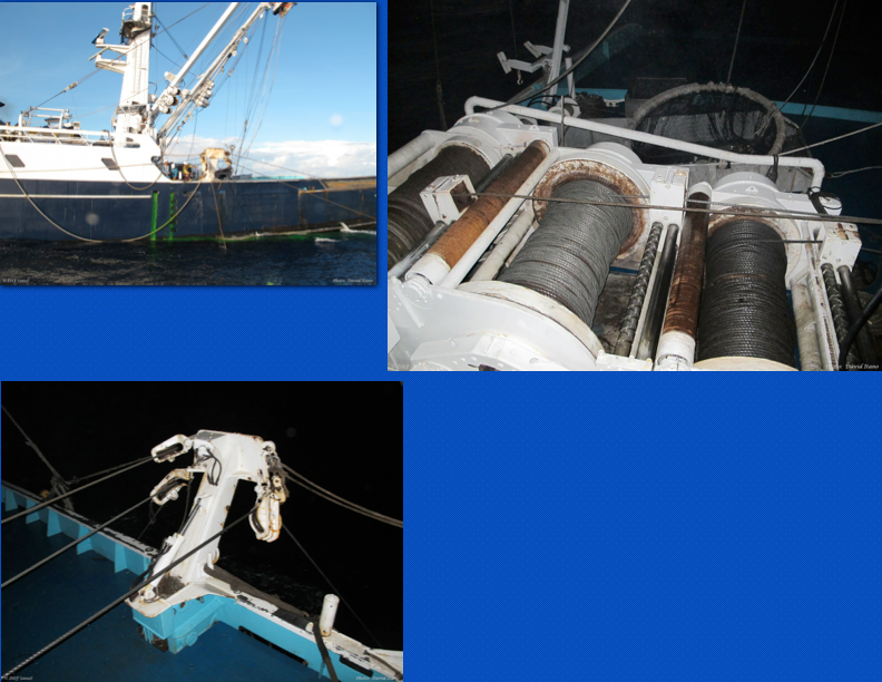 Show here (clockwise from top left): the pursing process at start, the pursing winch retrieving cable, and the purse cables coming through blocks on purse boom. (Photo: David Itano)