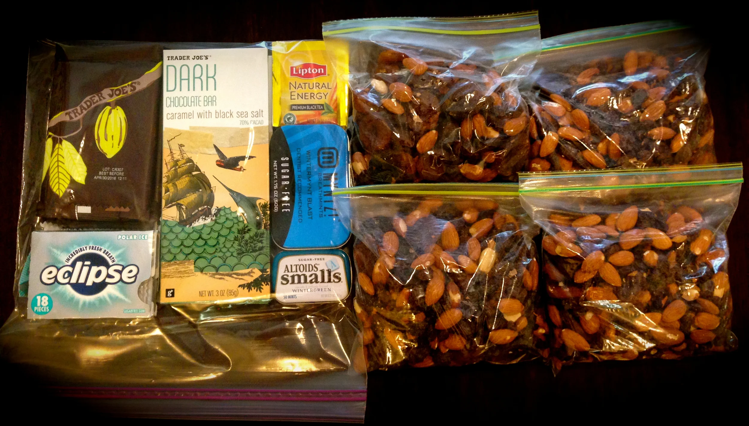 My snack bag for the DC-Rome trip. 