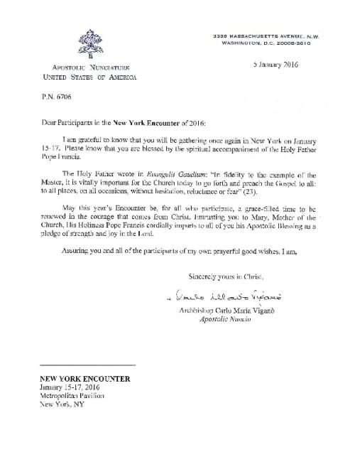 Papal Blessing for the 2016 New York Encounter