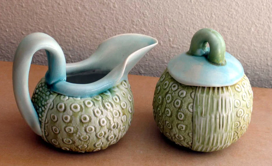 Hand built cream and sugar set, porcelain, salt fired
