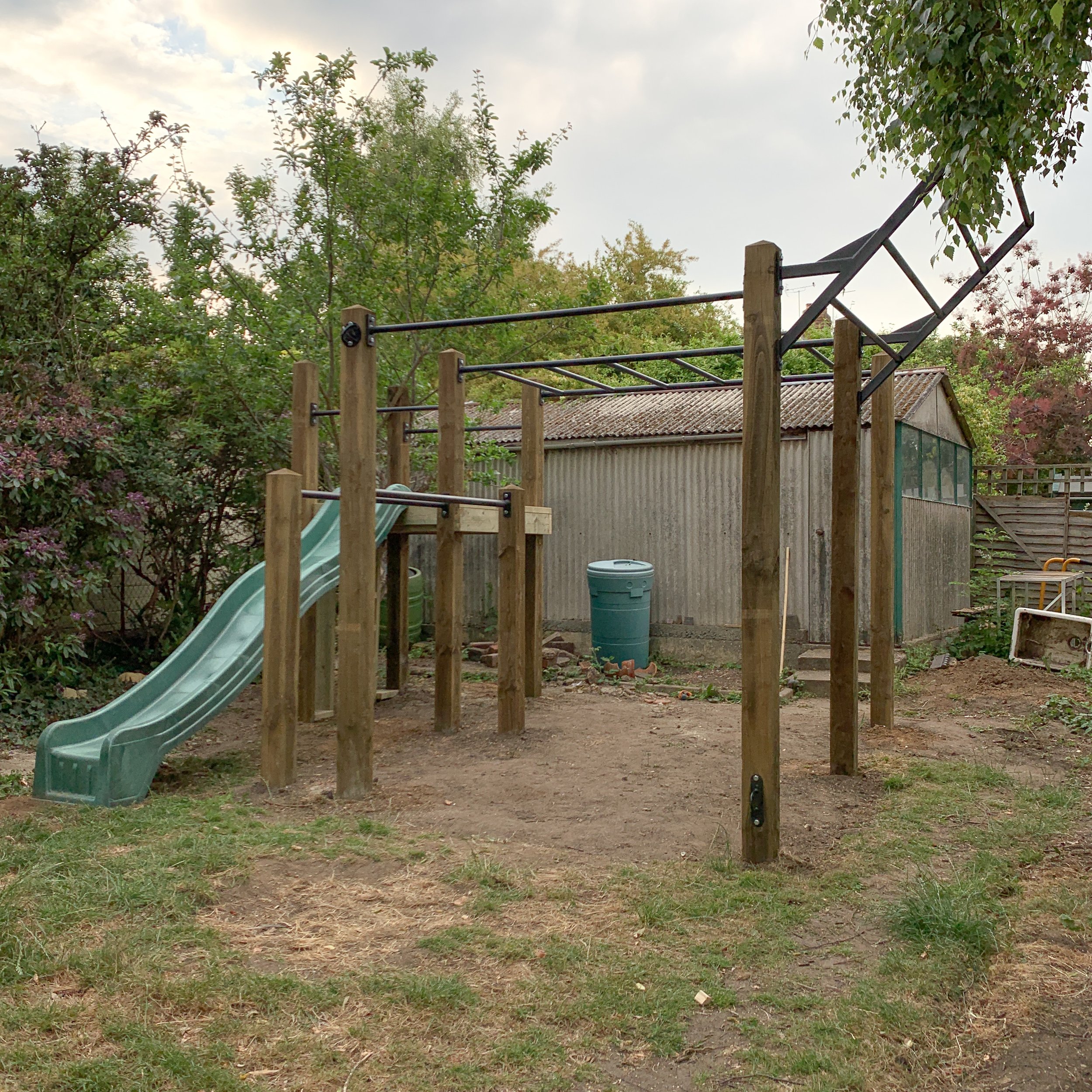 057 2020 garden monkey bars, pull up bar, dip bars, wing bar, platform and slide installation.JPEG