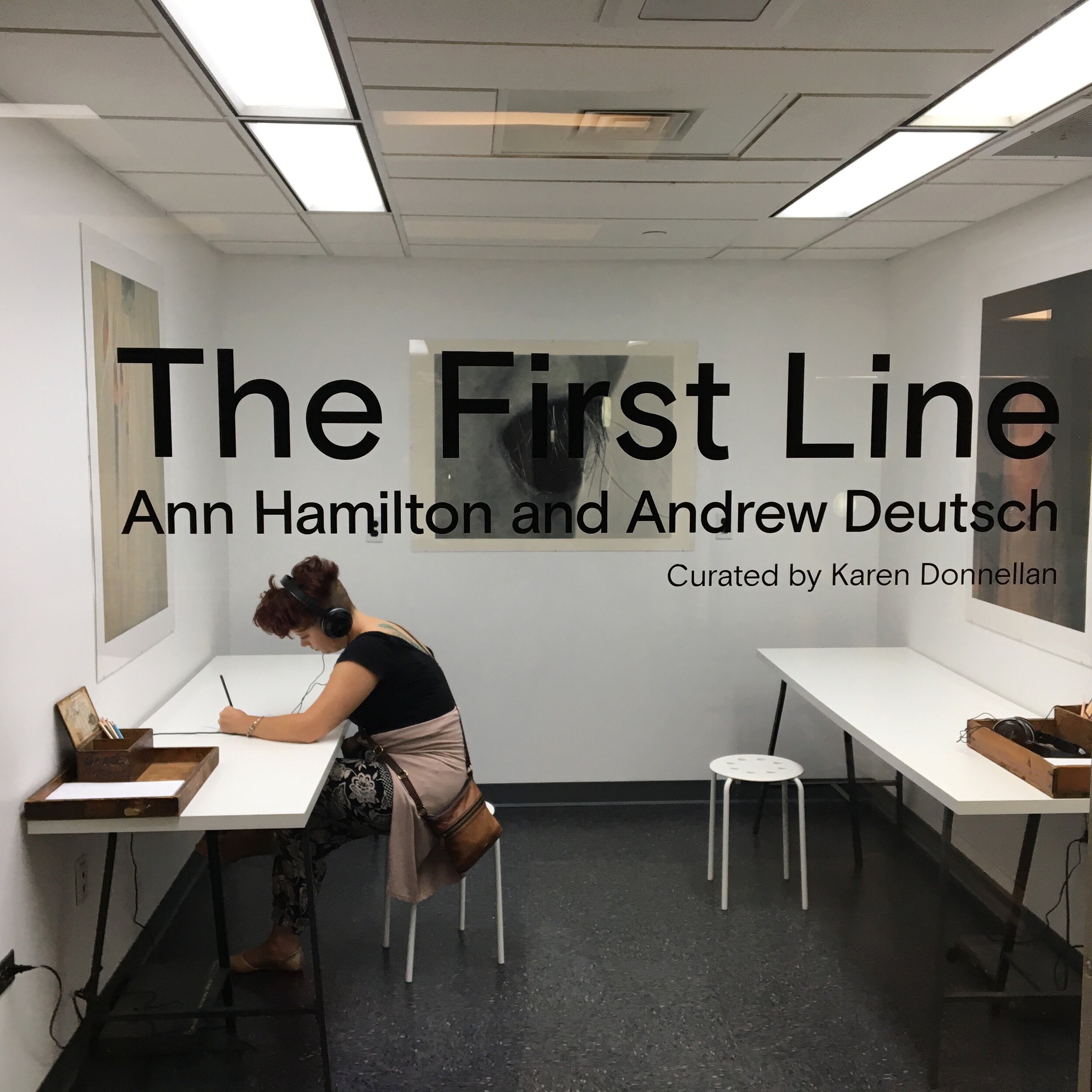  The First Line An interactive installation of one-off prints by Ann Hamilton, and collaborative sound works by Ann Hamilton and Andrew Deutsch, curated by Karen Donnellan Scholes Library, Alfred University, NY, 2017 