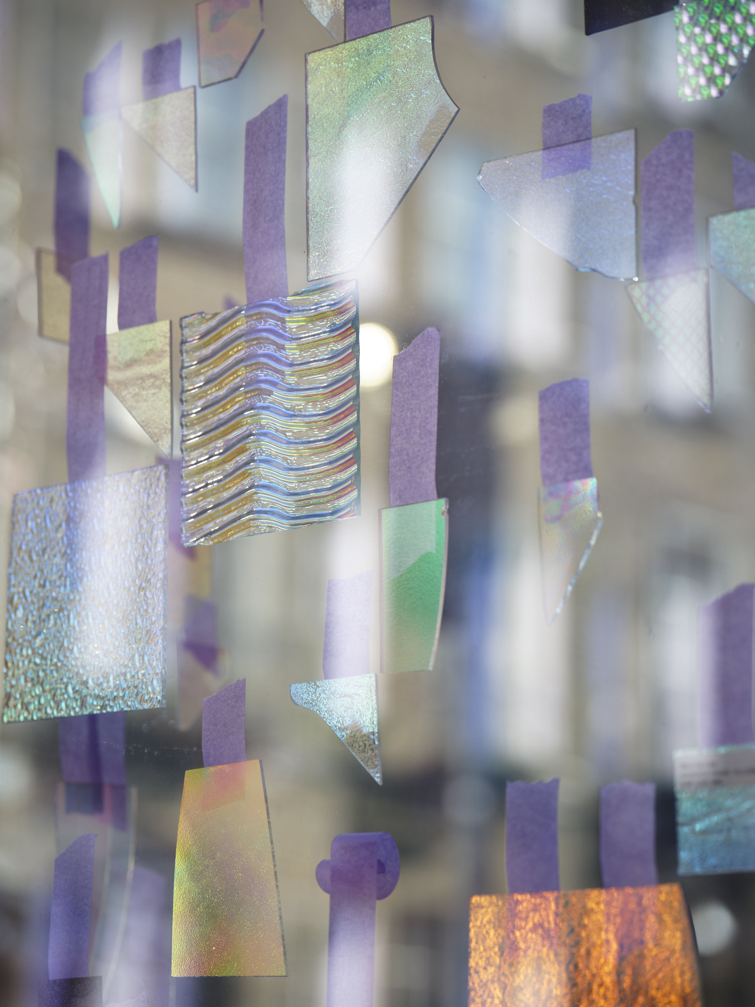  Dykro Stained Glass  Dichroic glass, lavendar masking tape, light, dimensions variable, 2023 