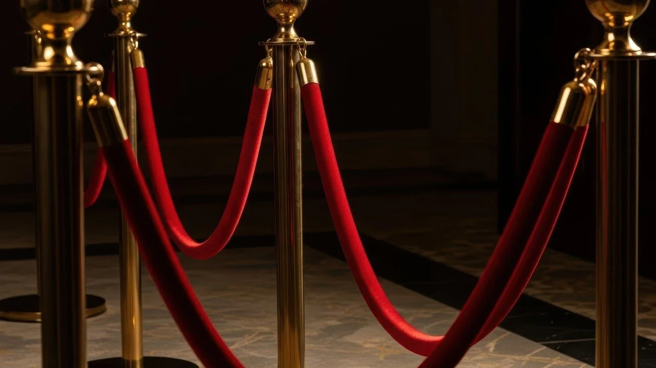 Gold stanchions with red velvet ropes creating a barrier.