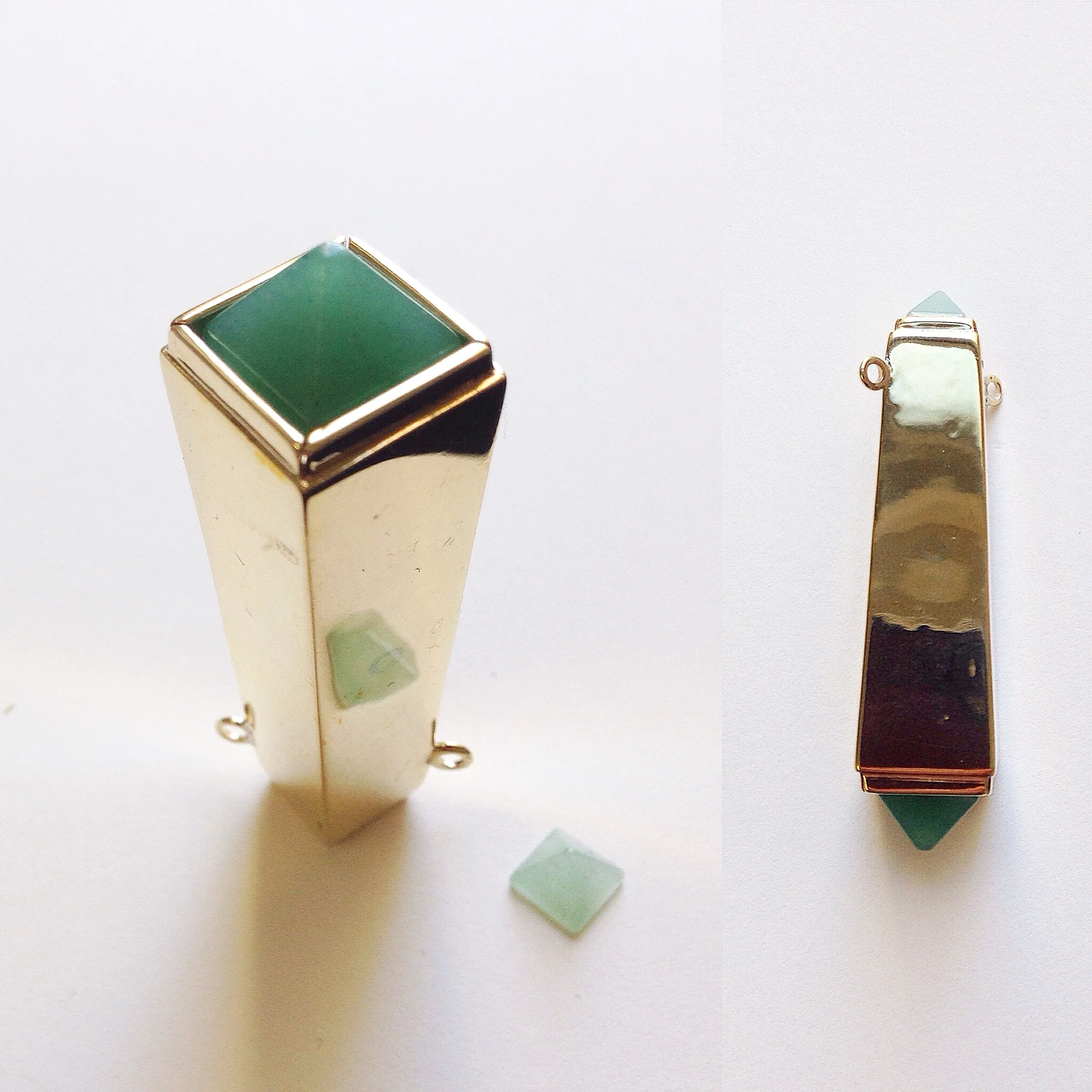 Obelisk Pendant-3d design and printed, 14K Gold, two Aventurine pyramid cut stones.