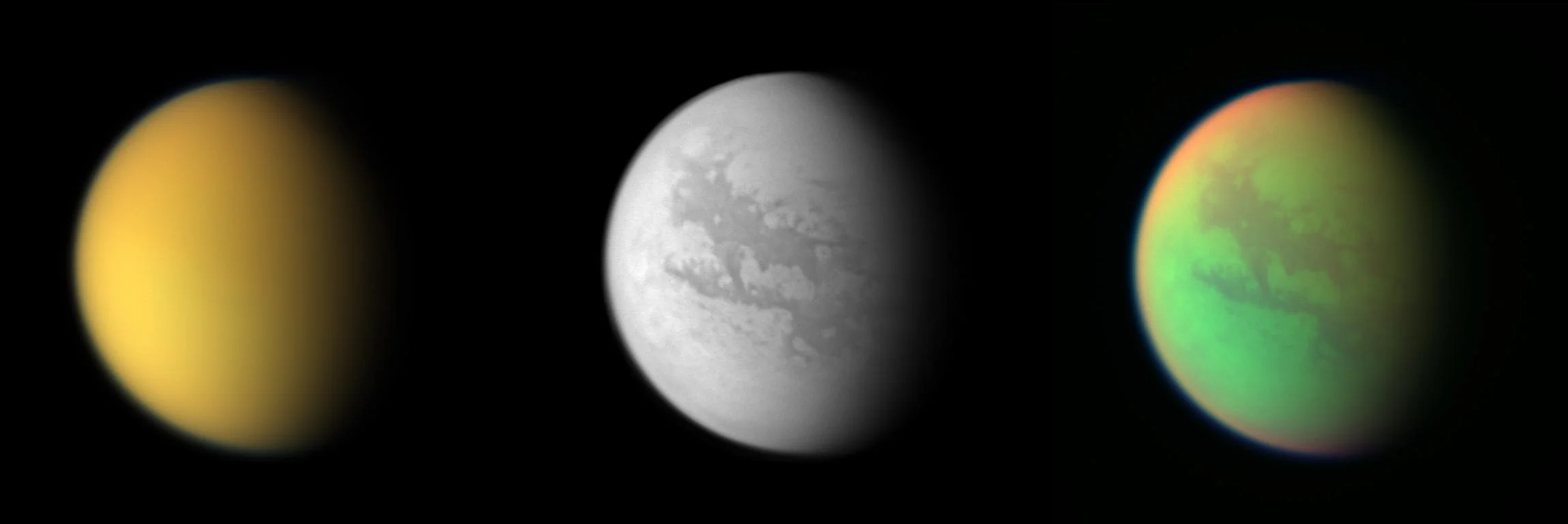 From NASA : These three views of Titan from the Cassini spacecraft illustrate how different the same place can look in different wavelengths of light. Cassini's cameras have numerous filters that reveal features above and beneath the shroud of Titan's atmosphere.
