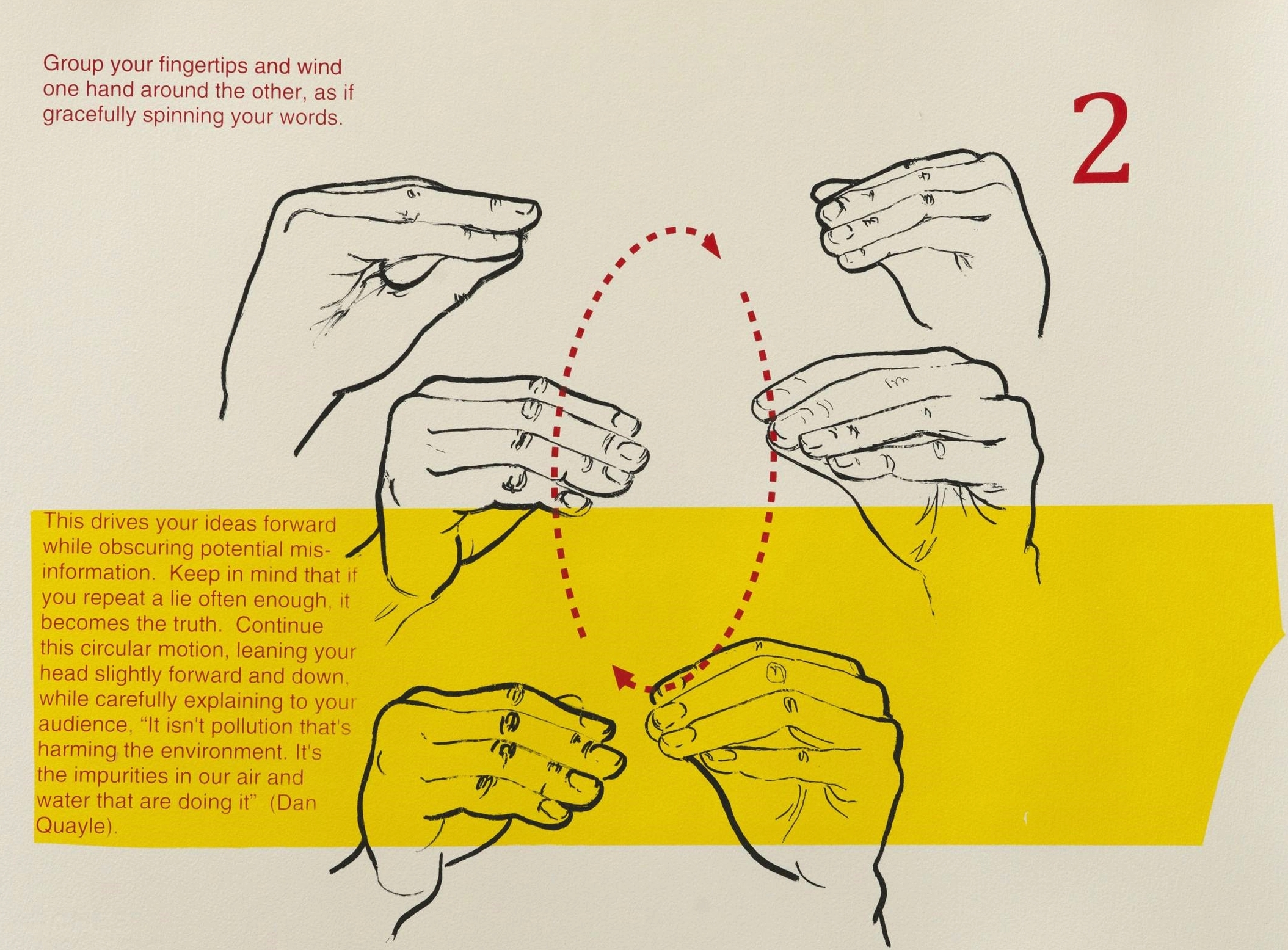  Each of the 8 prints focuses on an iconic gesture used by a Canadian or American politician to obfuscate.  Viewers are instructed to make the gestures and repeat phrases from those politicians. 