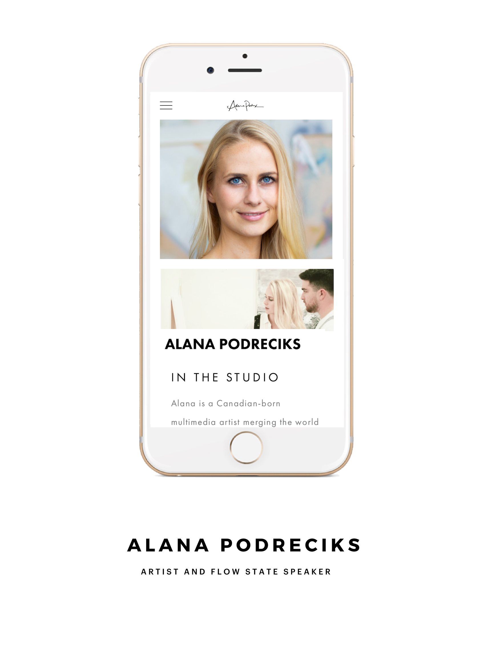 A site for an artist meets strategist: with flow state and creativity as driving forces for innovation. Collaboration included brand strategy, copywriting and content, site build including mobile gallery displays, and email setup. alanapodrx.com