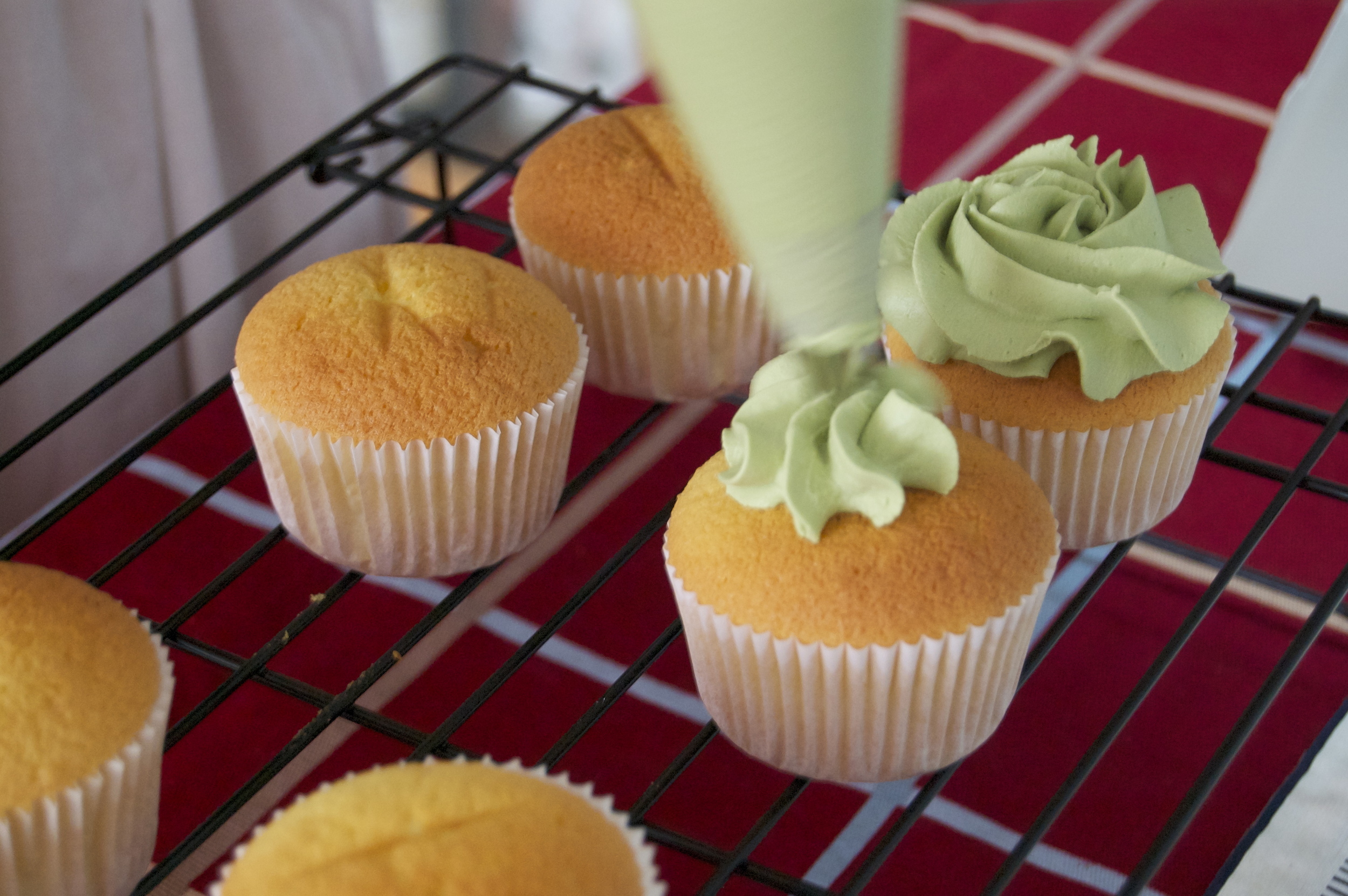 Piping green tea frosting onto the cupcakes.