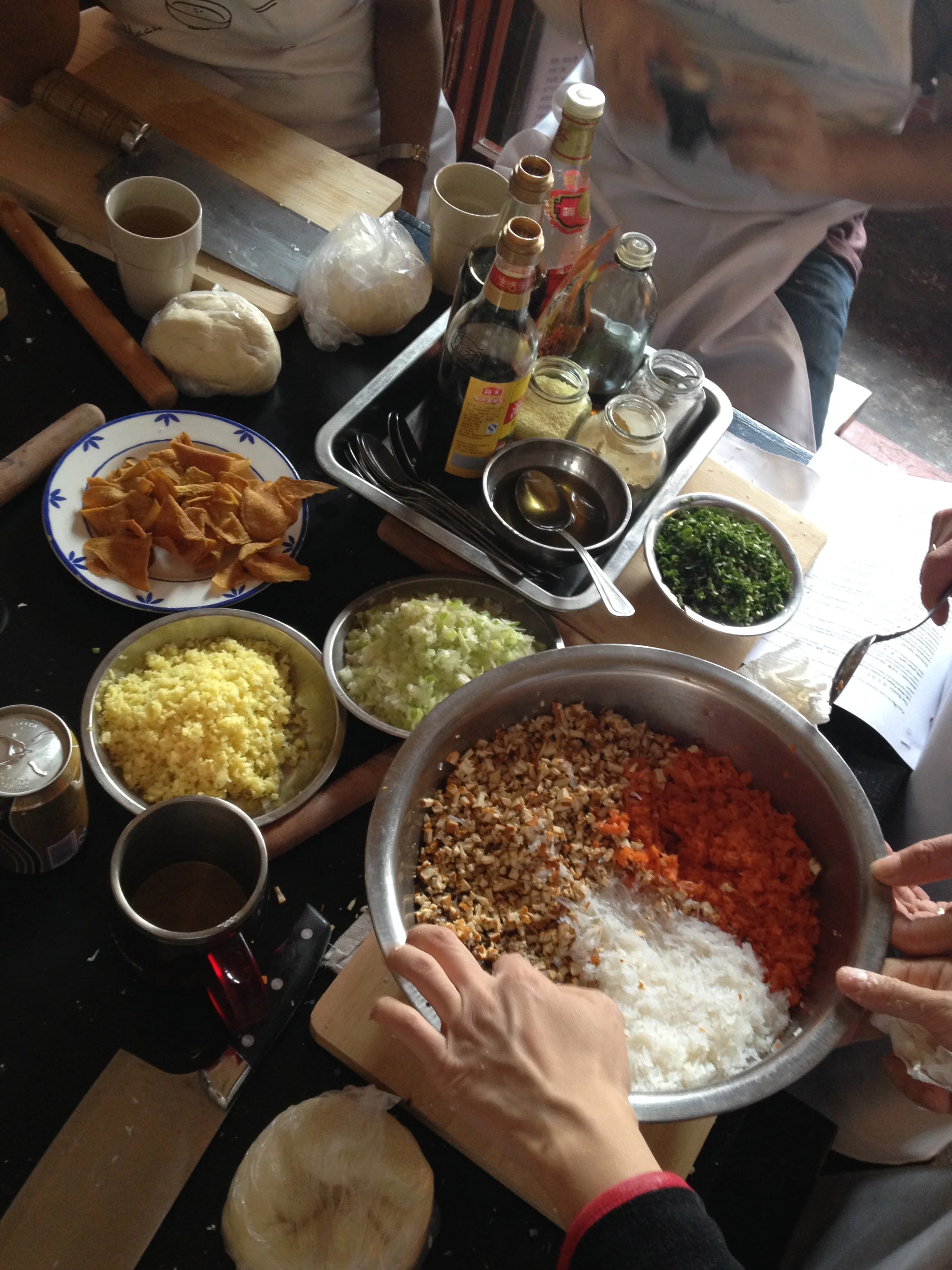 Mixing the shiitake filling.