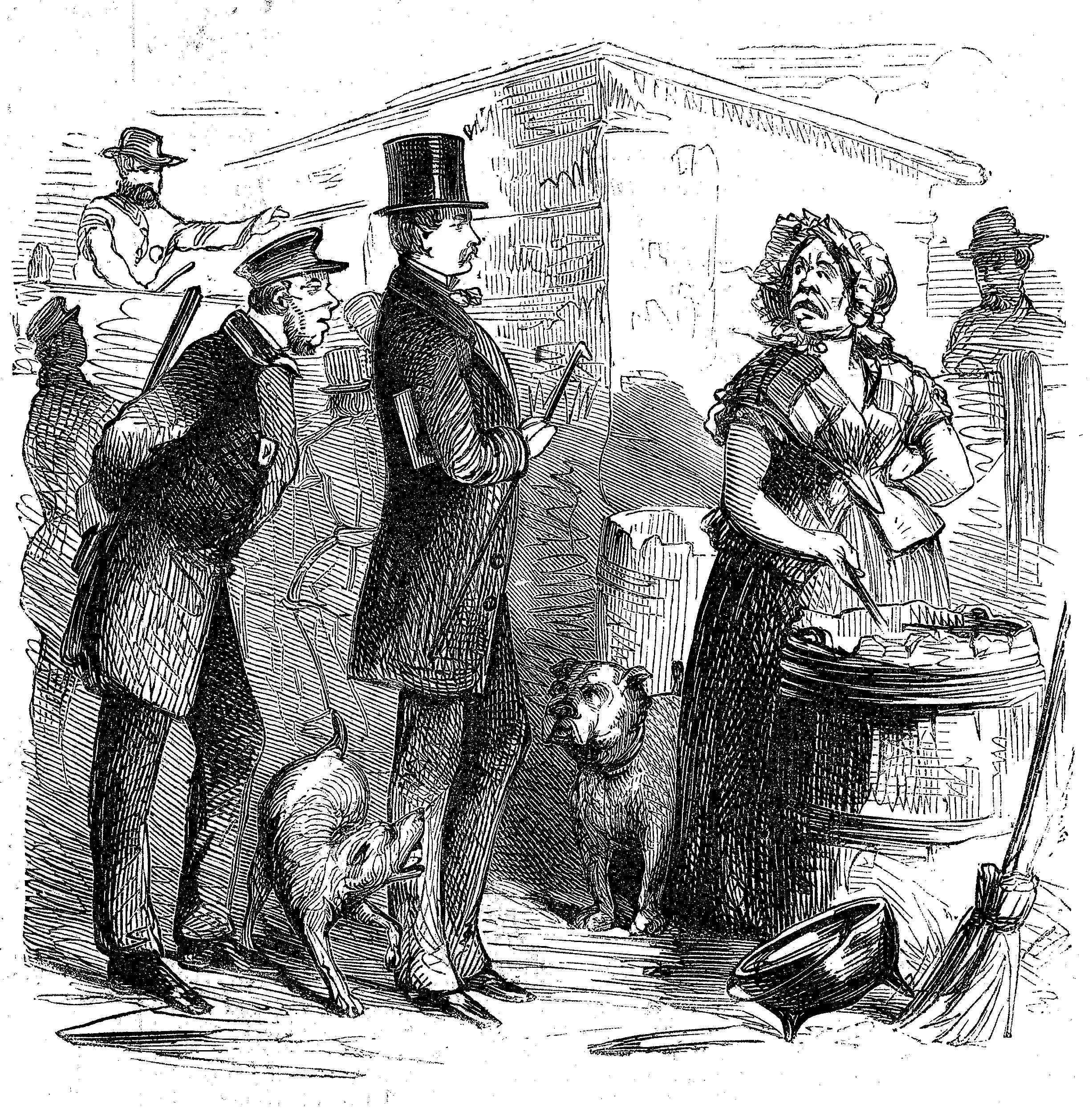 Figure 1: The sanitary inspector and police officer approach a seemingly wary Mrs. McElroy during the Piggery War while she stirs the offal she will later sell to local manufacturers and feed to her pigs. Frank Leslie’s Illustrated Newspaper , August 13, 1859.