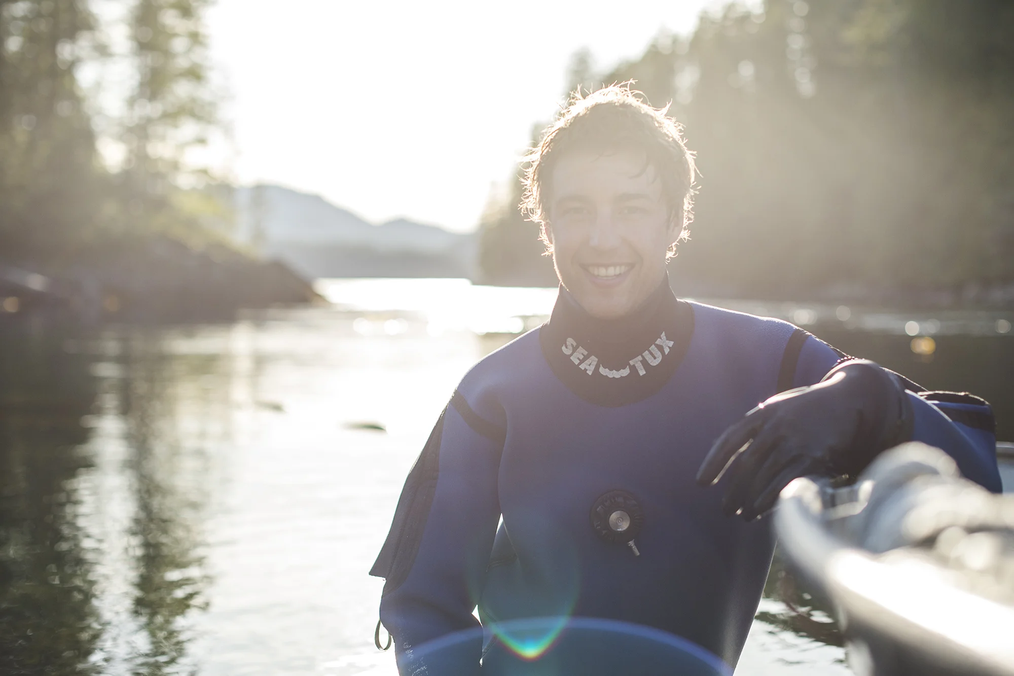 Suited up before documenting wild juvenile salmon and the impacts of salmon farms in June 2016 with Alexandra Morton. 