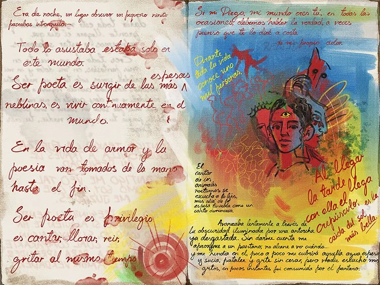 Pages from Frida Kahlo's visual diary showing expressive paintings, sketches, handwritten journal entries, and symbolic illustrations.