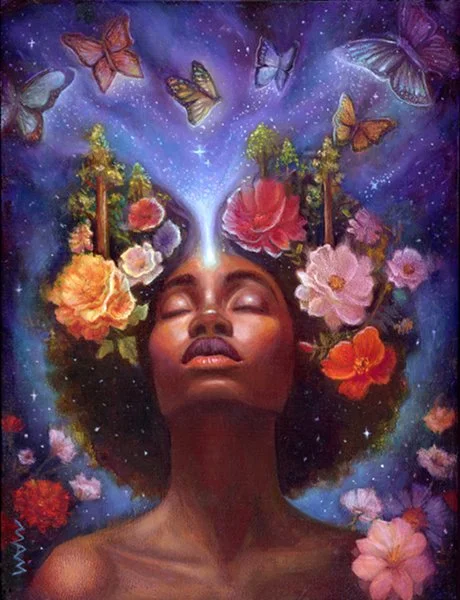 A woman with closed eyes surrounded by colorful flowers and butterflies in a cosmic background with stars, illustrating a dreamlike or imaginative scene.
