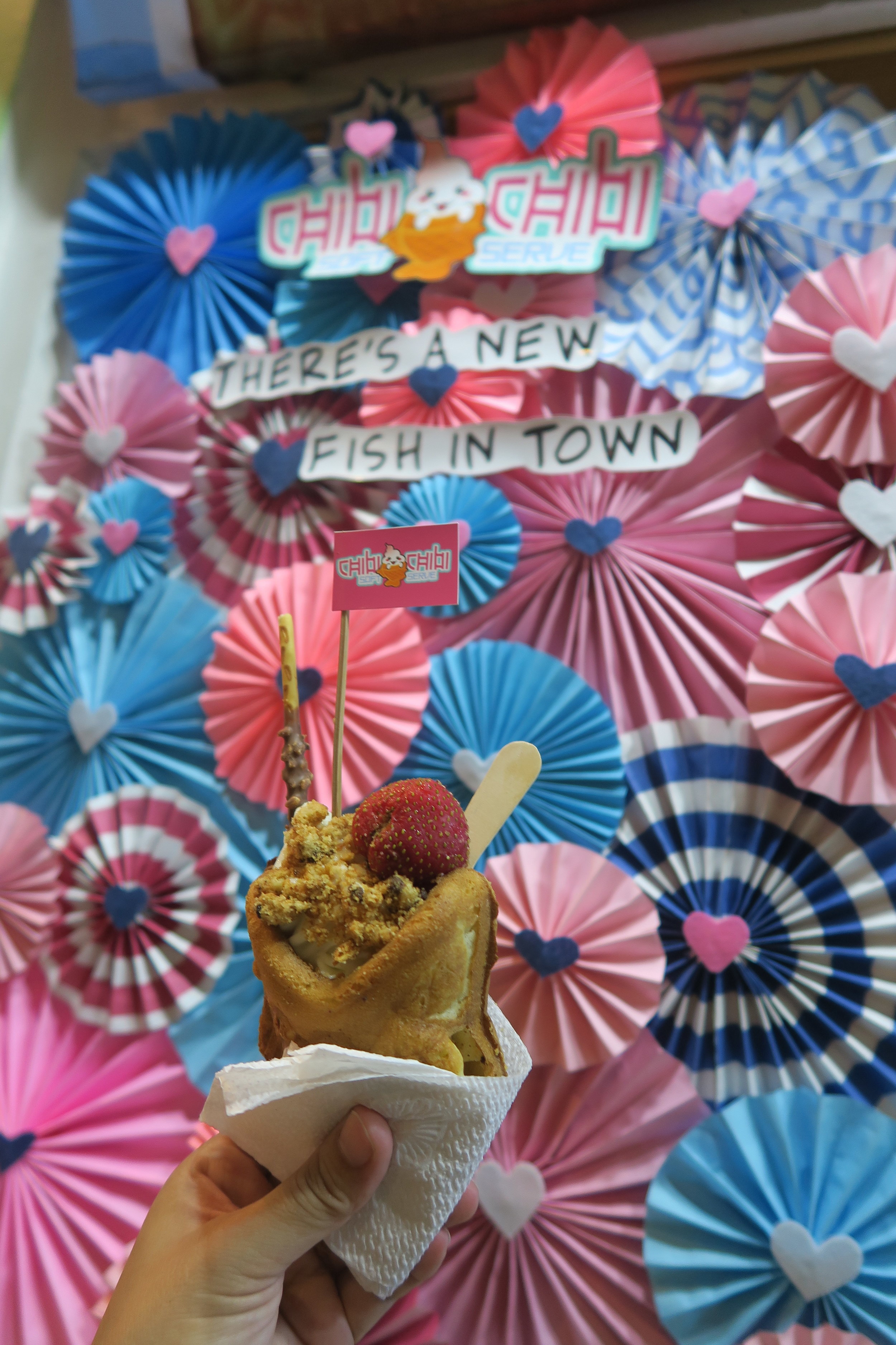 Sample of our Taiyaki parfait in our paper fan backdrop