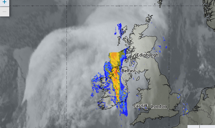 The satellite image for Wednesday night, showing the higher cirrostratus cloud over the east of N. Ireland and the thickening cloud and rain coming in from the west. (Source: Met Office)