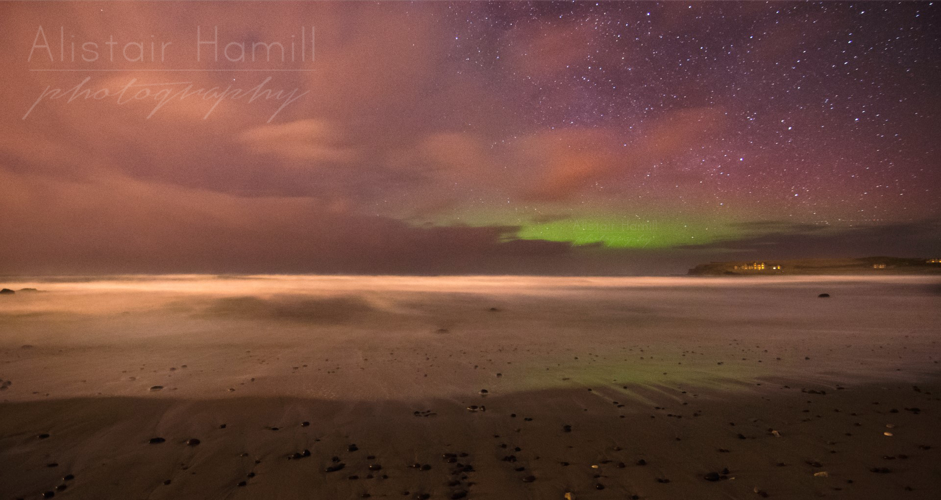 Runkerry Beach, with a hint of aurora green reflecting in the swash