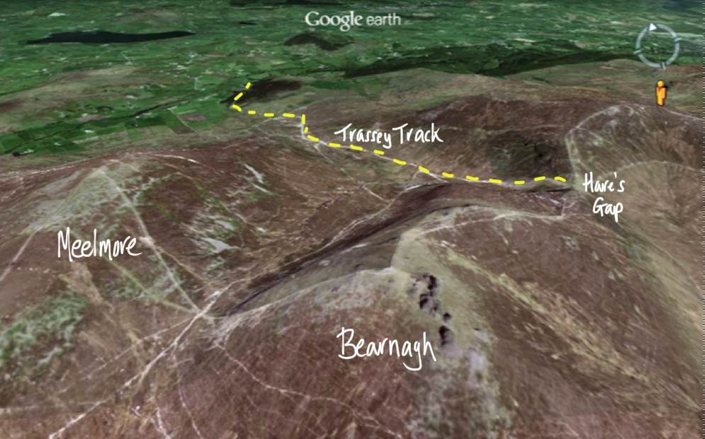 The route from the Trassey Car Park to Hare's Gap