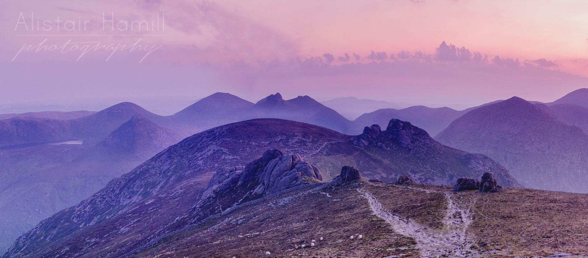 The view of Bearnagh in the distance from the summit of Binnian, as seen in the wee small hours of the morning last July