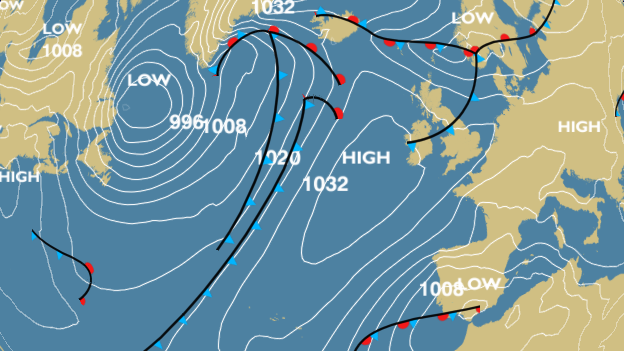 A weak occluded front is due to pass south tomorrow (Source: BBC Weather)