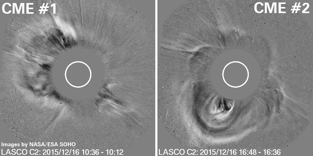 Satellite images showing the two CMEs. The blank disc in the centre is the sun - the contoured areas around it represent the CMEs emerging from the sun.