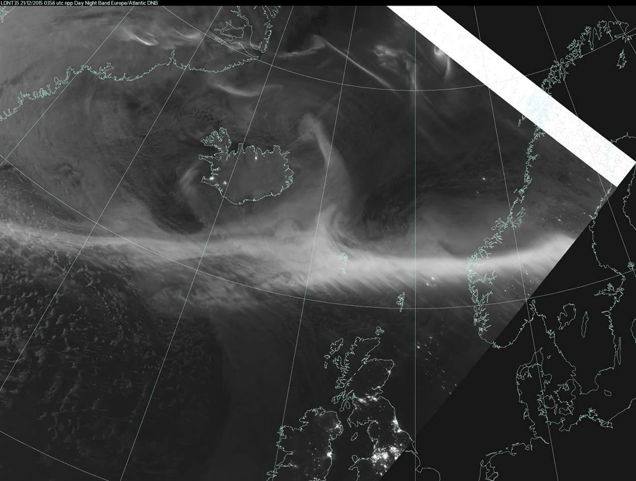 The dnb image from the aurora display - note how the auroral oval has moved south of Icelaand, much closer to the UK. That's one of the reasons for the elevated oval.