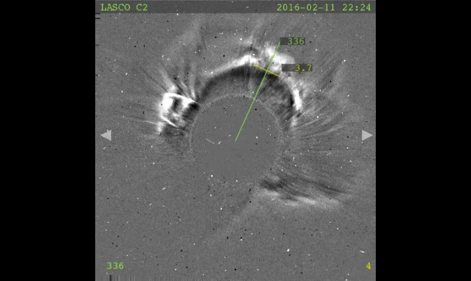 The partially earth-directed CME that was launched by the sun on 11th February. Space weather forecasters were suggesting a possible glancing blow for the earth late on 14th/early 15th February.