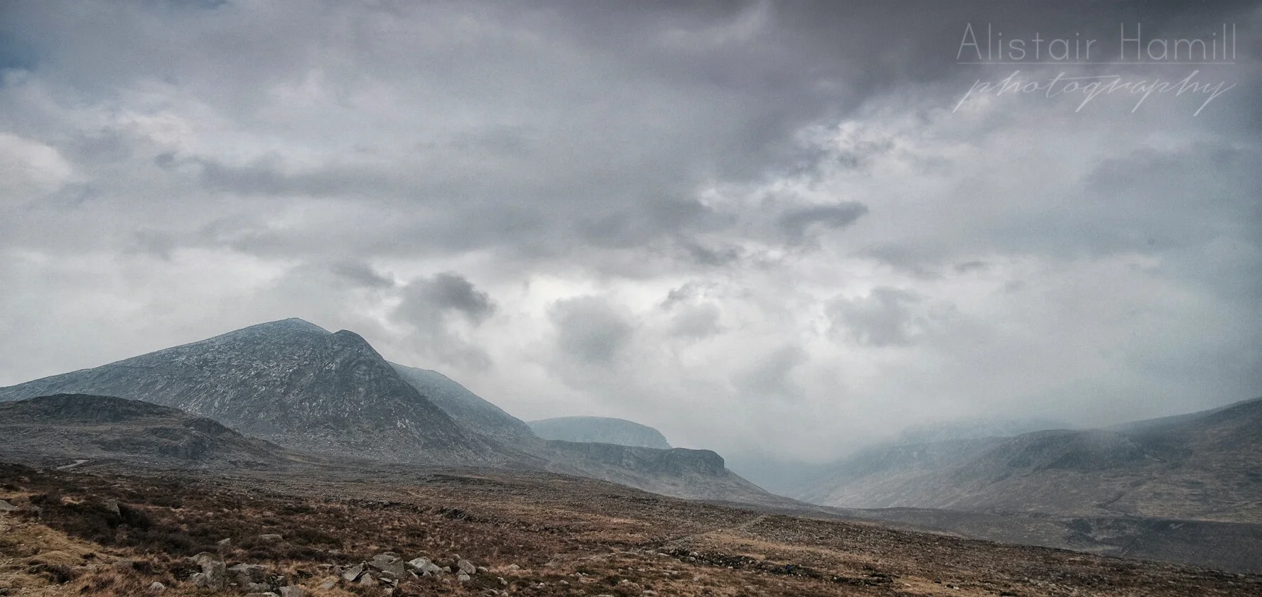 Lamagan and the Annalong Valley. Donard is hidden in the cloud in the background.