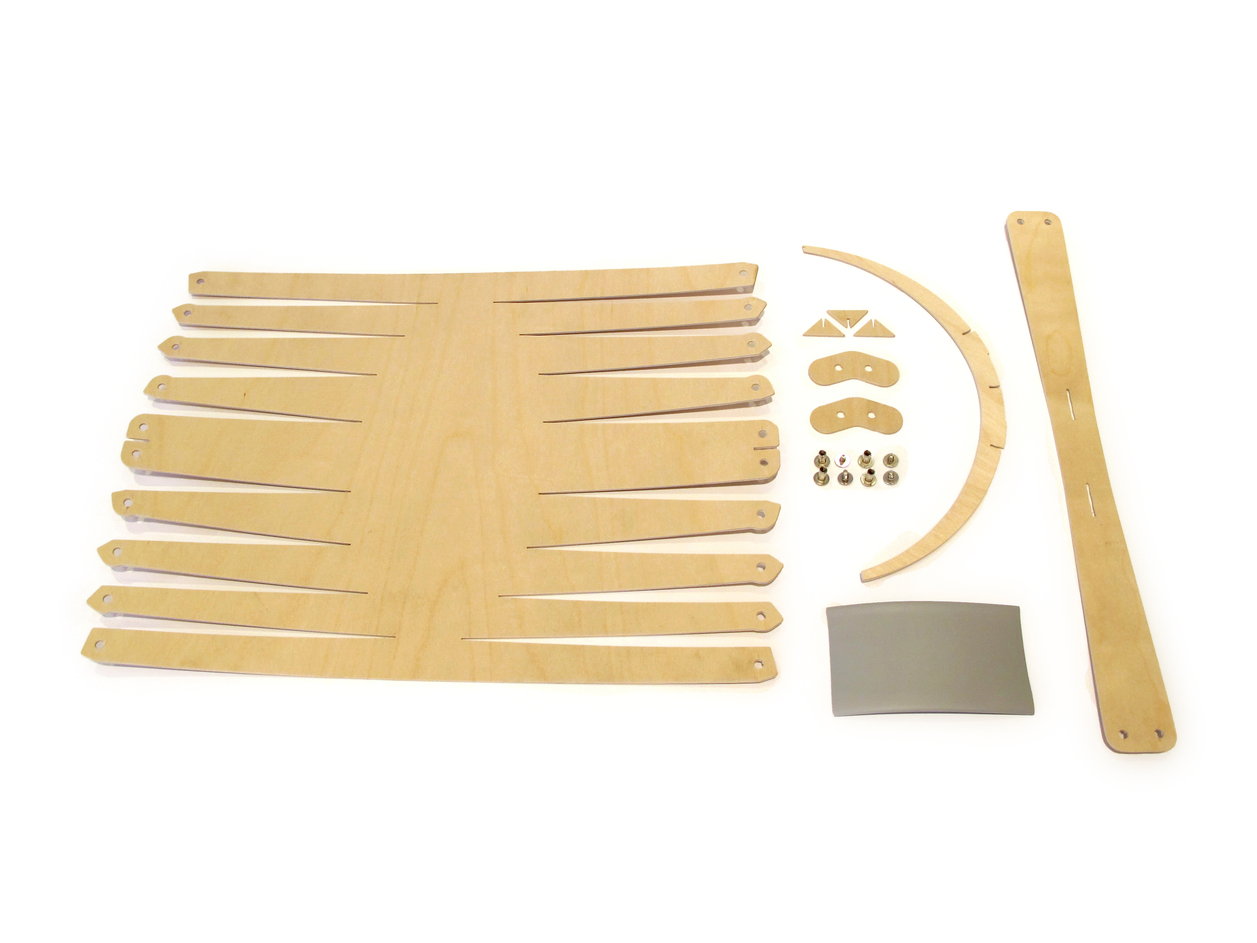 Made from water-jet cut aeroply, screws and barrel nuts with a single piece of shrink wrap. 
