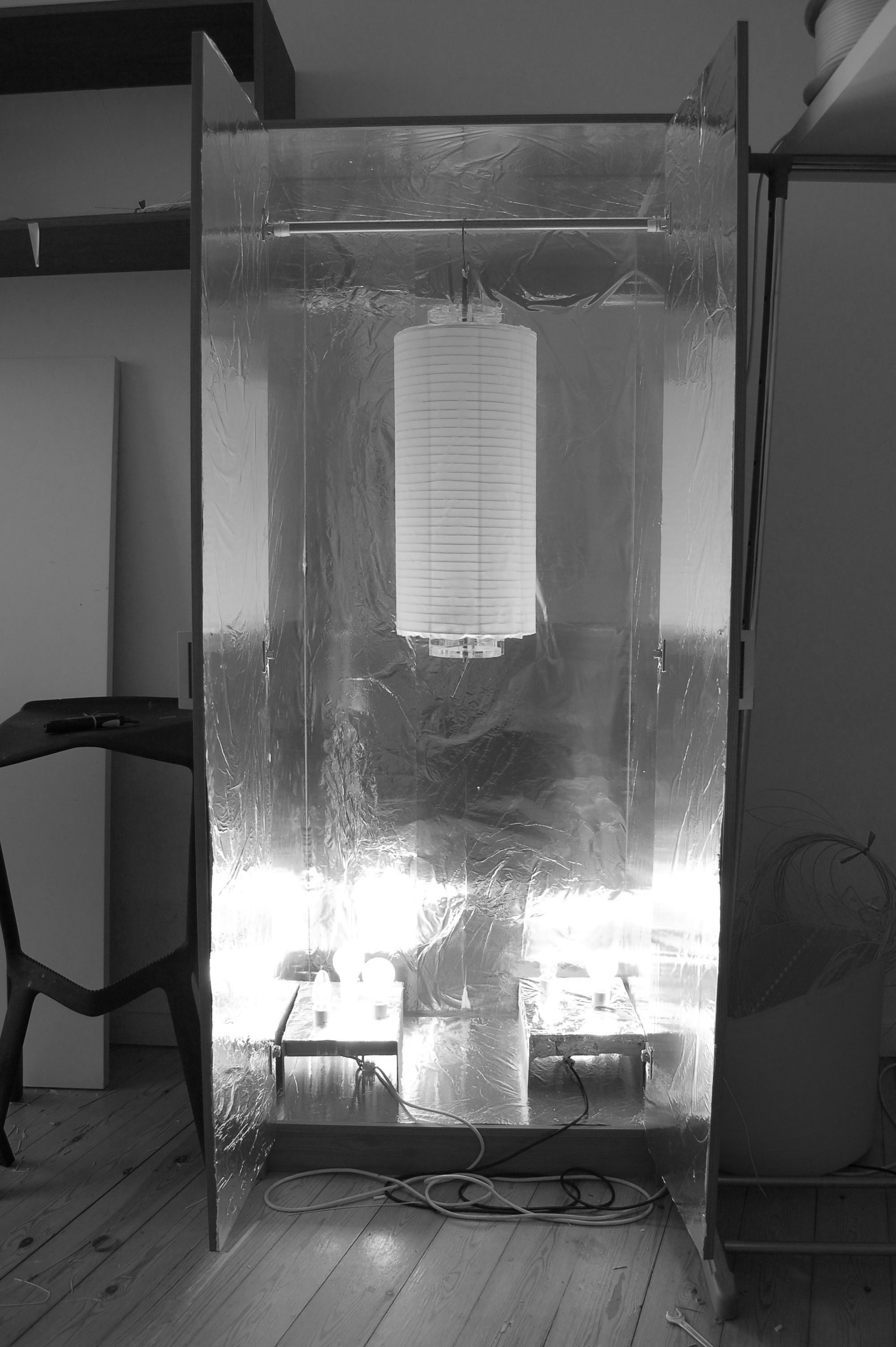 Our converted wardrobe to assist in drying, enabling production of between 8 and 9 shades a day.