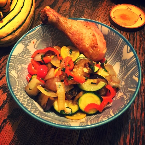 Thai Basil Eggplant stir Fry with Roasted Chicken Drumstick. 