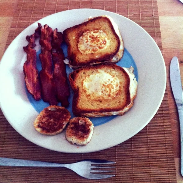 Egg-in-a-hole + bacon. Udi's Gluten Free Whole Grain Bread