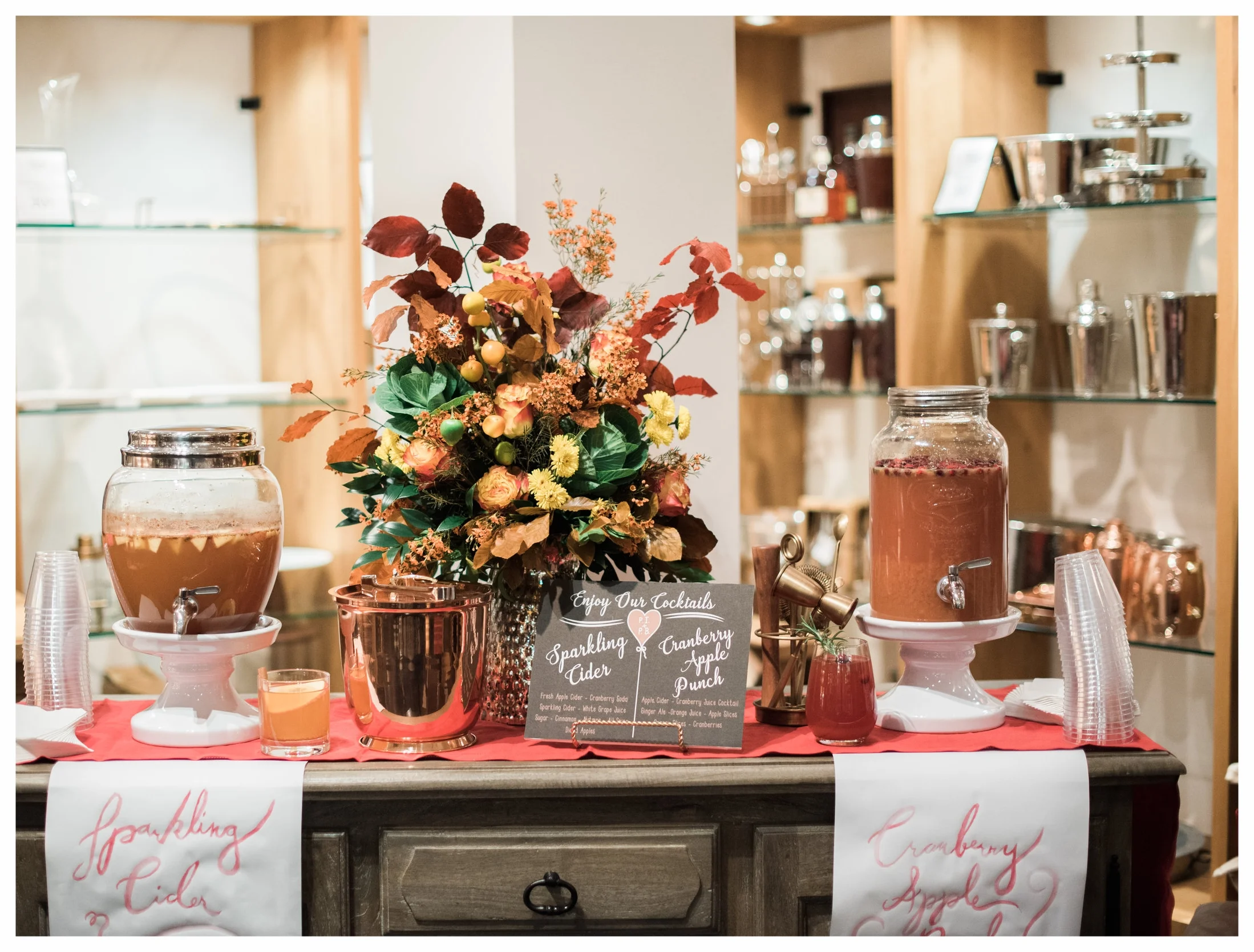 Here is our Fall Drink bar from the Night at the Registry Event with Pottery Barn in October. Photo Credit: Melanie Zacek Photography 