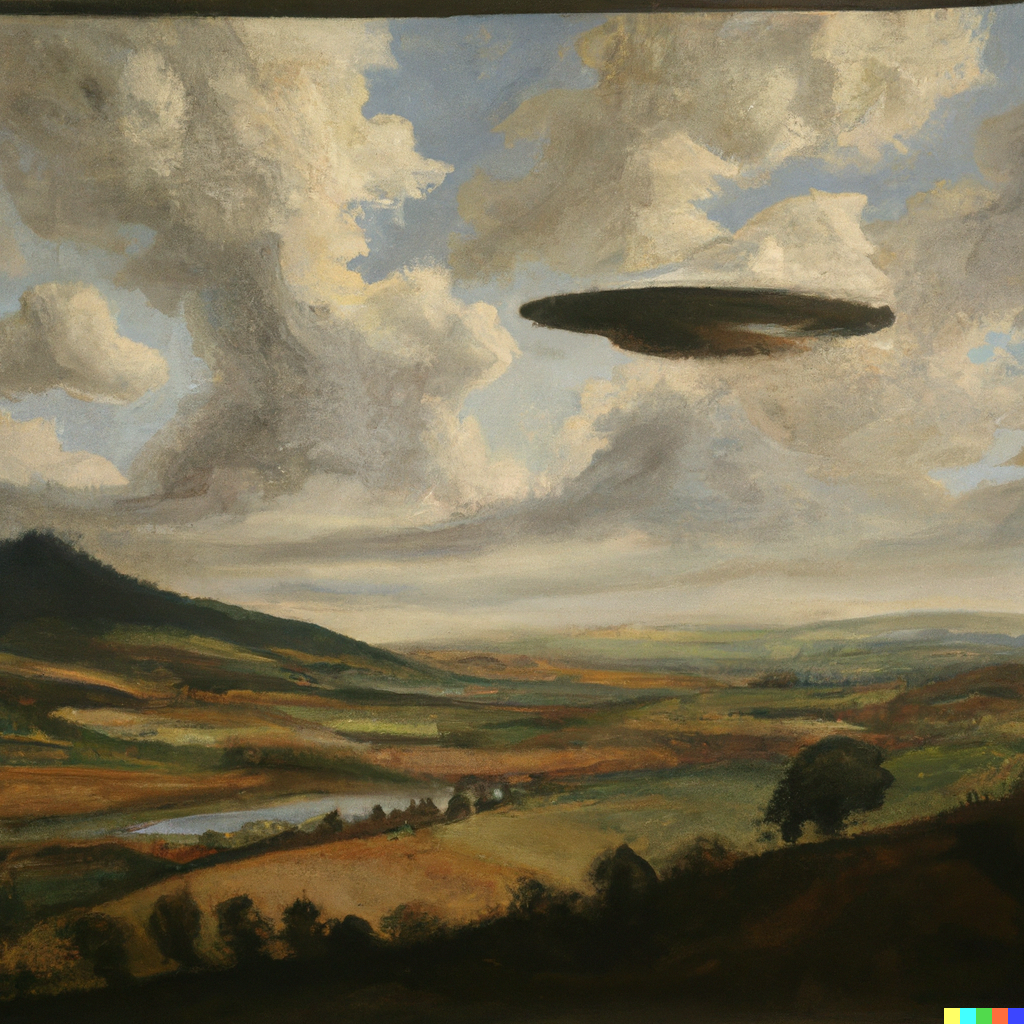 "A John Constable Painting of the Starship Enterprise over the hills of tuscany"