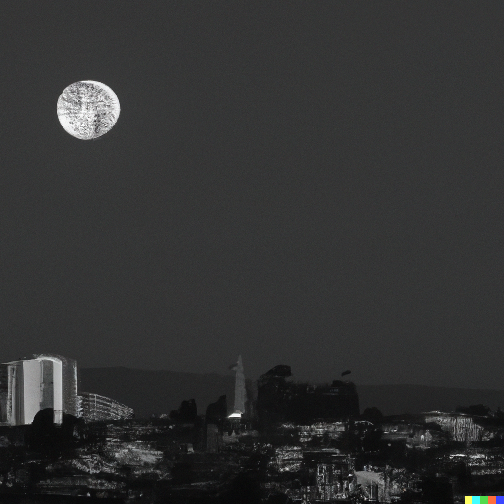 "ansel adams photo of the moon rising over a city skyline, wide angle long distance shot high contrast dramatic "