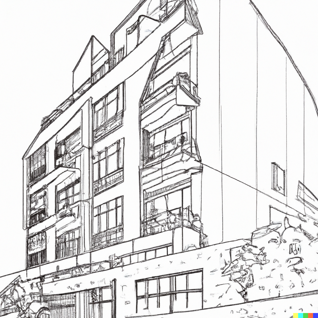 A Streamliner Modern apartment building, line drawing, sketch
